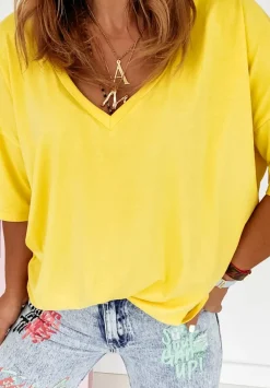 T-Shirt Oversize Z Dekoltem W Serek Cascade Zolty