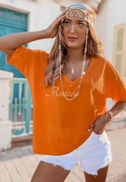 T-Shirt Oversize Z Dekoltem W Serek Cascade Pomaranczowy