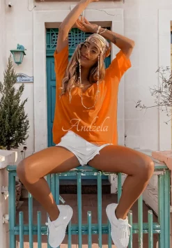 T-Shirt Oversize Z Dekoltem W Serek Cascade Pomaranczowy