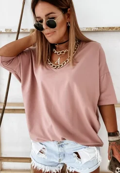 T-Shirt Oversize Z Dekoltem W Serek Cascade Pudrowy Roz