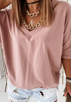 T-Shirt Oversize Z Dekoltem W Serek Cascade Pudrowy Roz