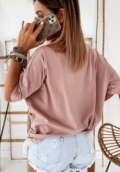 T-Shirt Oversize Z Dekoltem W Serek Cascade Pudrowy Roz