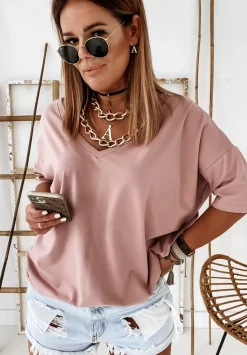 T-Shirt Oversize Z Dekoltem W Serek Cascade Pudrowy Roz