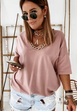 T-Shirt Oversize Z Dekoltem W Serek Cascade Pudrowy Roz