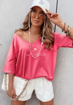 T-Shirt Oversize Z Dekoltem W Serek Cascade Rozowy