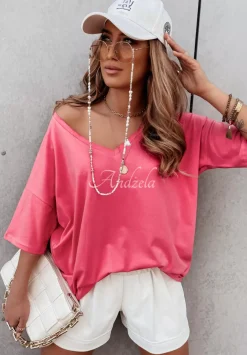 T-Shirt Oversize Z Dekoltem W Serek Cascade Rozowy