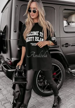 T-Shirt Oversize Z Nadrukiem Welcome To Liberty Island Czarny