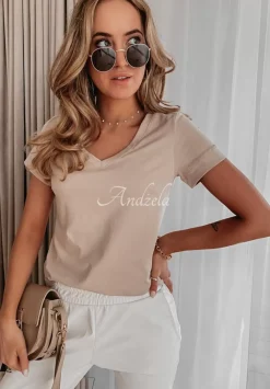 T-Shirt Z Dekoltem W Serek Lauren Nude