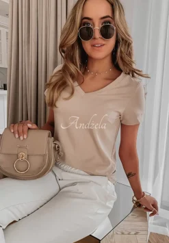 T-Shirt Z Dekoltem W Serek Lauren Nude