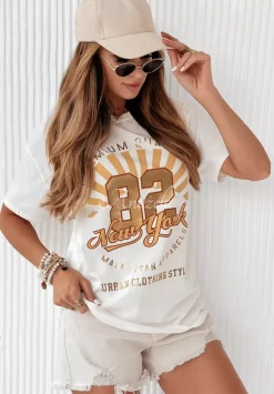 T-Shirt Z Nadrukiem New York Manhattan Ecru