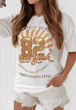 T-Shirt Z Nadrukiem New York Manhattan Ecru