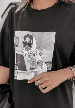 T-Shirt Z Nadrukiem Newspaper Czarny