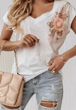 T-Shirt Z Naszytymi Kwiatami Pick Some Flowers Bialy