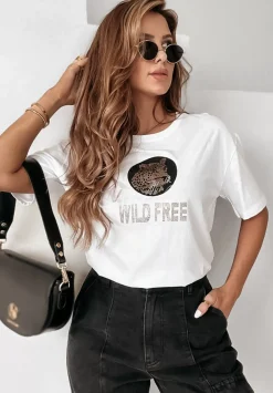 T-Shirt Z Ozdobna Aplikacja I Nadrukiem Wild Free Bialy