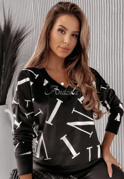 Welurowa Bluza We Wzory Colette Letters Czarna