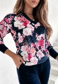 Welurowy Komplet W Kwiaty Flowers Queen Granatowy
