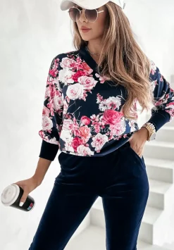 Welurowy Komplet W Kwiaty Flowers Queen Granatowy
