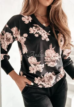 Welurowy Komplet W Kwiaty Flowers Queen Czarny
