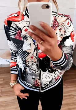 Wzorzysta Bluza Bomberka Komiks Czarna