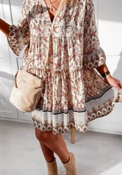 Wzorzysta Sukienka Boho Bezowa
