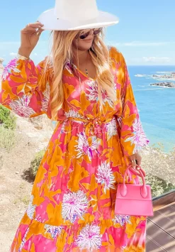 Wzorzysta Sukienka Maxi Fantasy Island Rozowo-Pomaranczowa