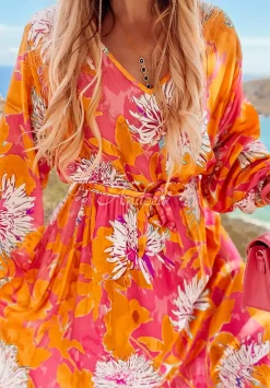 Wzorzysta Sukienka Maxi Fantasy Island Rozowo-Pomaranczowa
