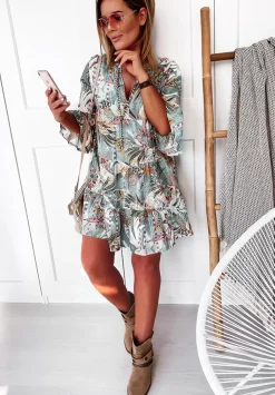 Wzorzysta Sukienka Mini Boho Mietowa