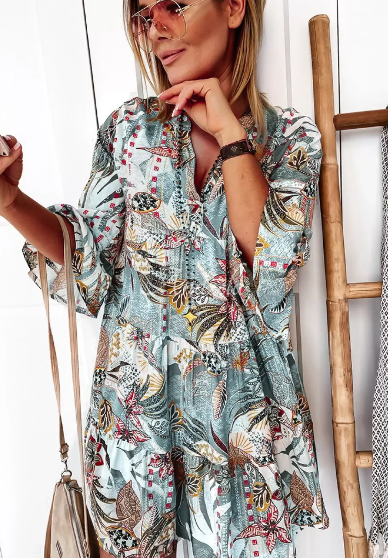 Wzorzysta Sukienka Mini Boho Mietowa