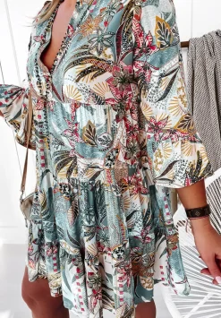 Wzorzysta Sukienka Mini Boho Mietowa