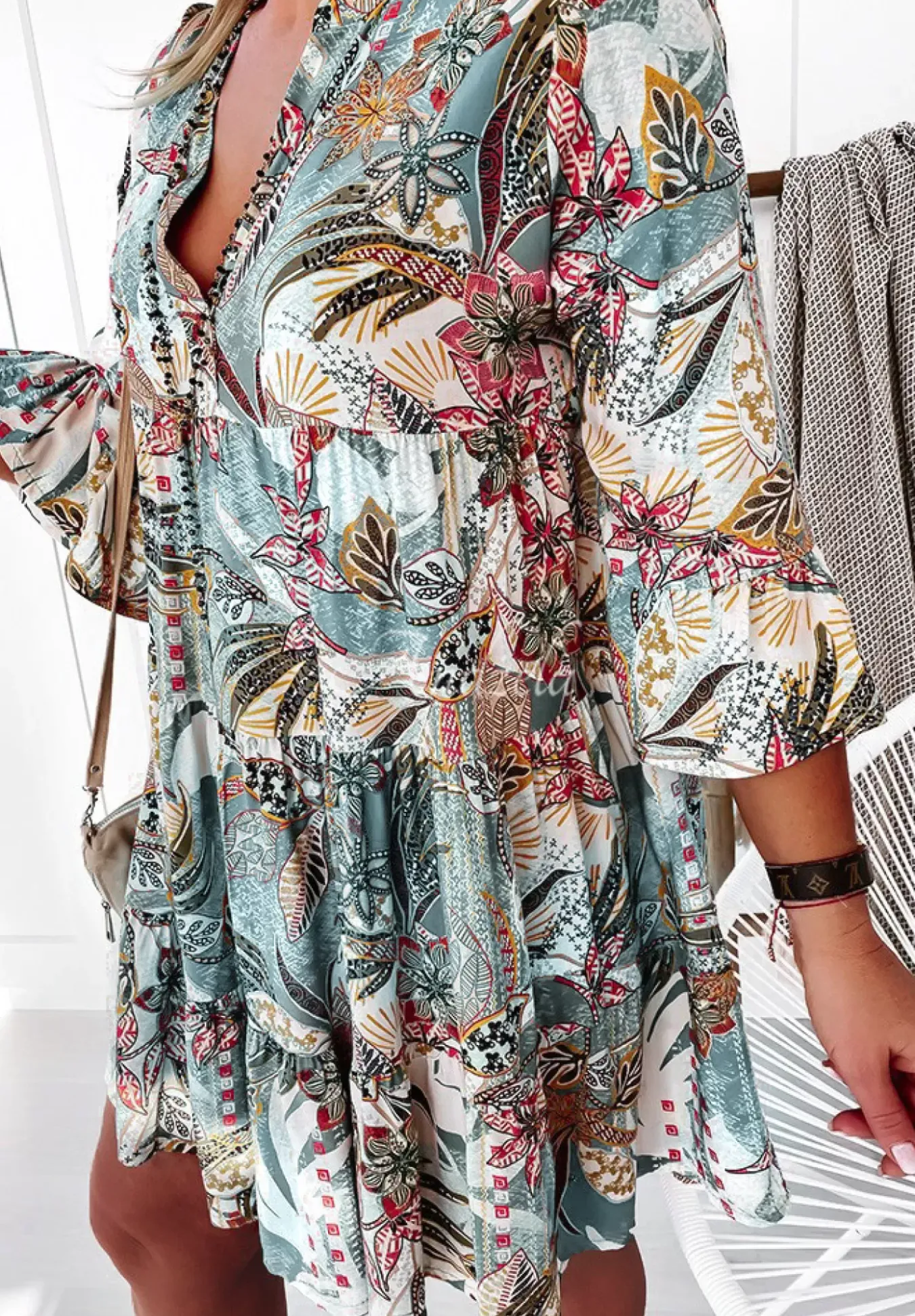 Wzorzysta Sukienka Mini Boho Mietowa
