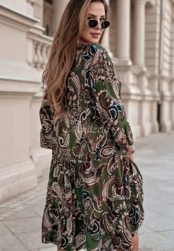 Wzorzysta Sukienka Z Falbankami Telleri Khaki